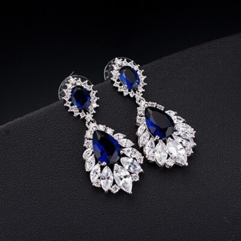 Blue Elegant Chandelier Drop Dangle Cubic Zirconia Bridal Earrings - Picture 4 of 6